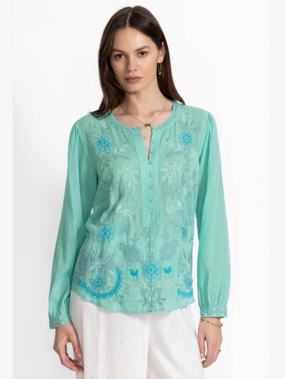 Johnny Was Workshop Field Henley Embroidered Blouse Marine Blue Women's Small